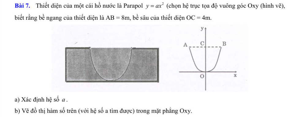 Thiết diện của một cái hồ nước là Parapol y=ax^2 (chọn hệ trục tọa độ vuông góc Oxy (hình vẽ), 
biết rằng bề ngang của thiết diện là AB=8m, be sâu của thiết diện OC=4m. 
a) Xác định hệ số a. 
b) Vẽ đồ thị hàm số trên (với hệ số a tìm được) trong mặt phẳng Oxy.