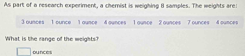 As part of a research experiment, a chemist is weighing 8 samples. The weights are:
3 ounces 1 ounce 1 ounce 4 ounces 1 ounce 2 ounces 7 ounces 4 ounces
What is the range of the weights?
□ ounces