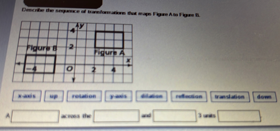 Describe the sequence of transformations that maps Figure Ato Figure B.
K-aKis “ rotation y axis dilation refection translation down
A across the and 3 units