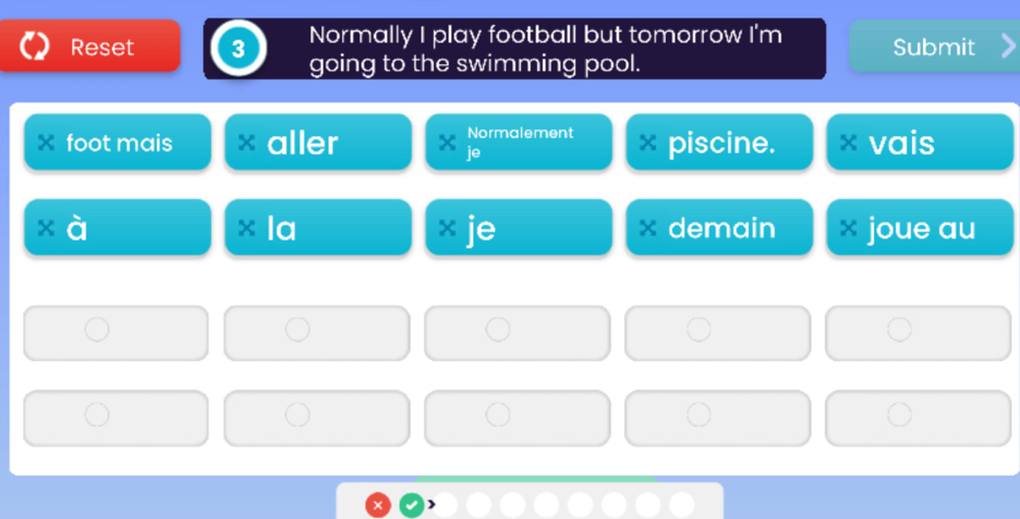 Normally I play football but tomorrow I'm Submit 
Reset 3 going to the swimming pool. 
X foot mais *aller Normalement piscine. vais 
je 
la demain joue au 
je