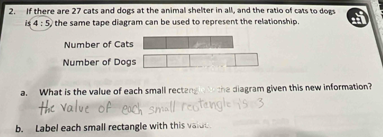 If there are 27 cats and dogs at the animal shelter in all, and the ratio of cats to dogs 
is 4:5 the same tape diagram can be used to represent the relationship. 
Number of Cats 
Number of Dogs 
a. What is the value of each small rectangle tn the diagram given this new information? 
b. Label each small rectangle with this valde.