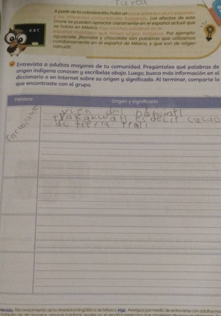 A partir de la colonización, hubo un cruce entre la cultura española 
y los diferentes comanidades indígenas. Los efectos de este 
cruce se pueden apreciar claramente en el español actual que 
se habia en México. Hay muchas polabras en el 
A B C 
rig in digena. Por ejempla. 
aguacate, jitomate y chocolate son palabras que utilizamos 
cotidianamente en el español de México, y que son de origen 
náhuati 
Entrevista a adultos mayores de tu comunidad. Pregúntales qué palabras de 
origen indígena conocen y escríbelas abajo. Luego, busca más información en el 
diccionario o en Internet sobre su origen y significado. Al terminar, comparte lo 
que encontraste con el grupo. 
Palabra Origen y significado 
_ 
_ 
_ 
_ 
__ 
_ 
_ 
_ 
_ 
_ 
_ 
_ 
_ 
_ 
_ 
_ 
_ 
_ 
_ 
_ 
_ 
_ 
intenido, Reconocimiento de la diversidad lingüística de México.PDA . Averigua por medio de entrevistas con adultos ma