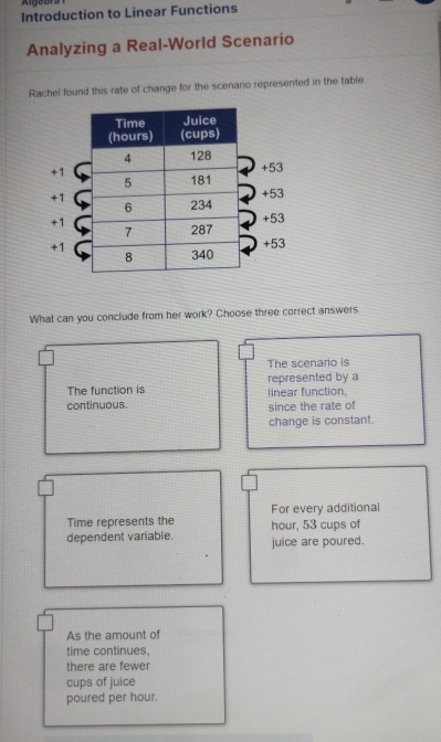 Introduction to Linear Functions
Analyzing a Real-World Scenario
Rachel found this rate of change for the scenario represented in the table
+1
+53
+1+53
+1+53
+1+53
What can you conclude from her work? Choose three correct answers
The scenario is
The function is linear function, represented by a
continuous. since the rate of
change is constant.
Time represents the For every additional
hour, 53 cups of
dependent variable. juice are poured.
As the amount of
time continues,
there are fewer
cups of juice
poured per hour.