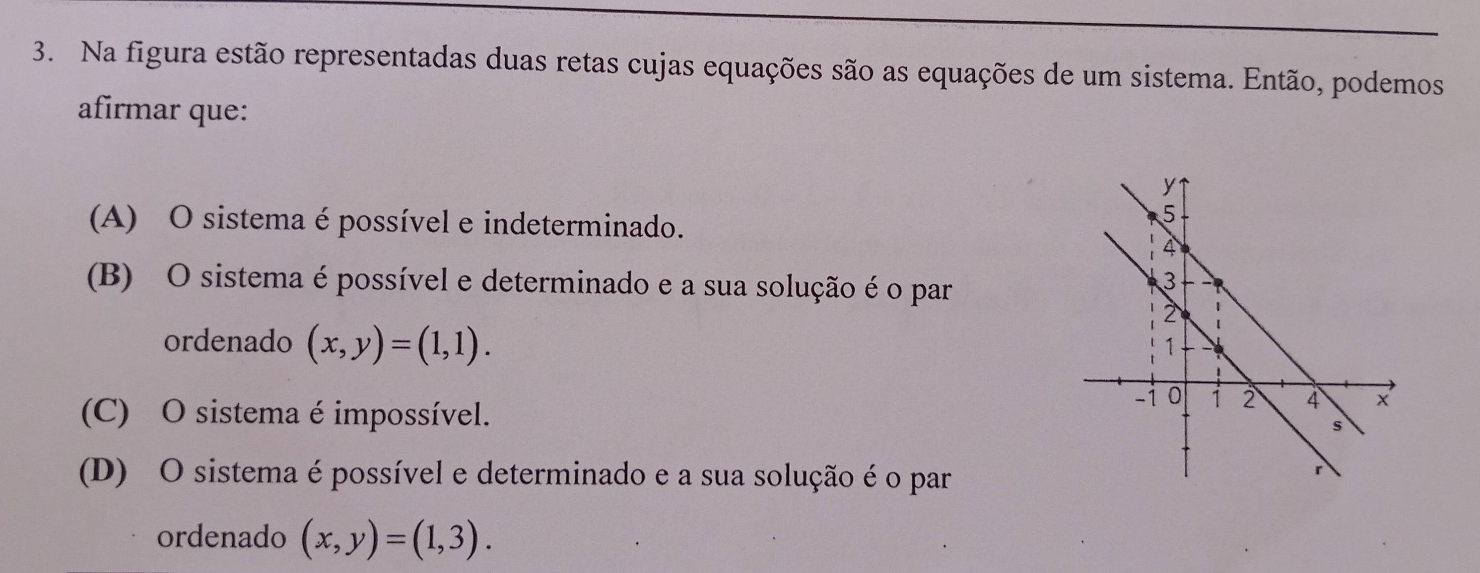 Na figura estão representadas duas retas cujas equações são as equações de um sistema. Então, podemos
afirmar que:
(A) O sistema é possível e indeterminado.
(B) O sistema é possível e determinado e a sua solução é o par
ordenado (x,y)=(1,1).
(C) O sistema é impossível.
(D) O sistema é possível e determinado e a sua solução é o par
ordenado (x,y)=(1,3).