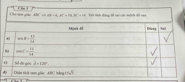 Cho tam giác ABC có AB=6,AC=10,BC=14. Xét tính đúng dề sai các mệnh đề sau.
d
Câu 2