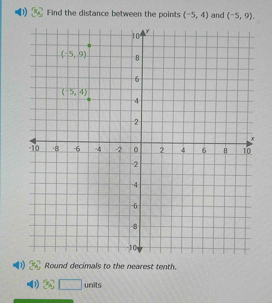 Solved: Find the distance between the points (-5,4) and (-5,9). Round ...