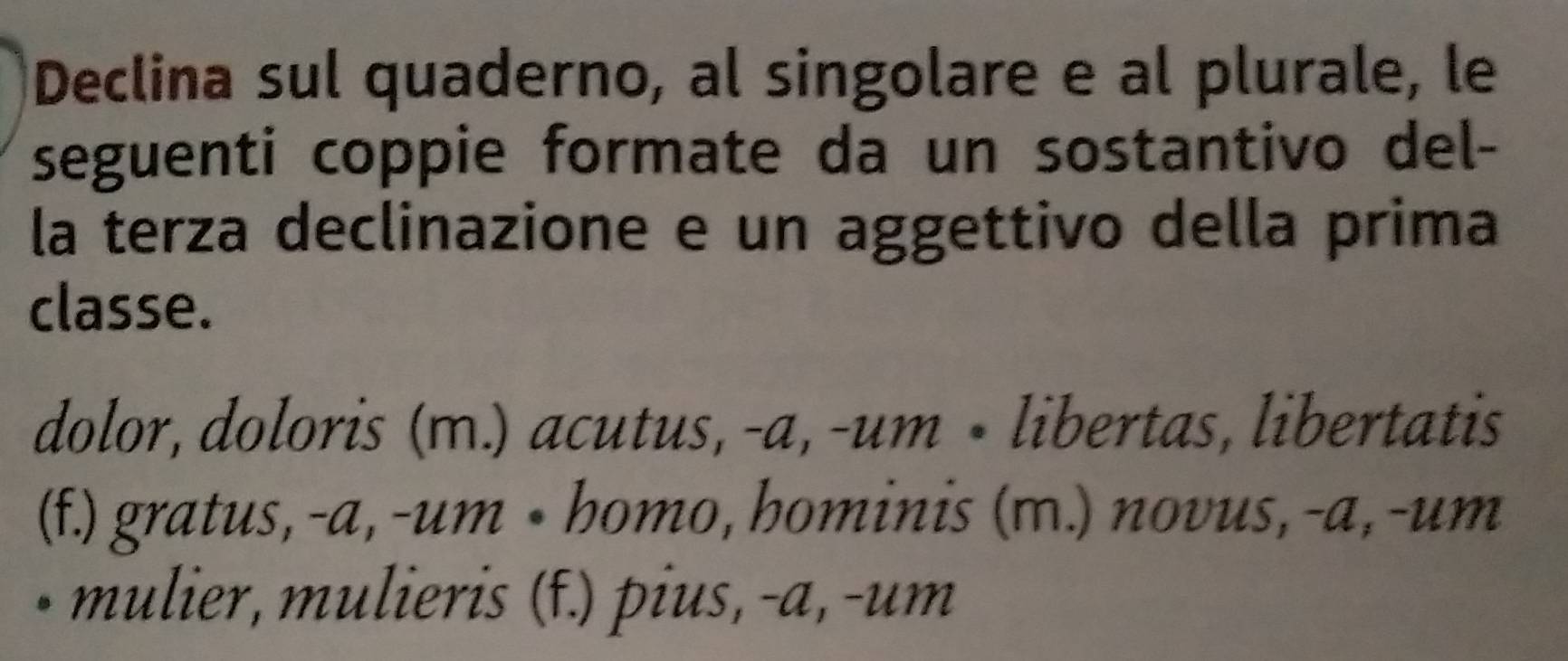 Declina sul quaderno, al singolare e al plurale, le 
seguenti coppie formate da un sostantivo del- 
la terza declinazione e un aggettivo della prima 
classe. 
dolor, doloris (m.) acutus, -a, -um • libertas, libertatis 
(f.) gratus, -a,-um • homo, hominis (m.) novus,-a, -um 
mulier, mulieris (f.) pius, -a, -um