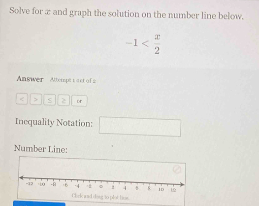 Solve for x and graph the solution on the number line below.
-1
Answer Attempt 1 out of 2 
< > S ≥ or 
Inequality Notation: -18 x_1+x_2= □ /□  
Number Line: 
Click and drag to plot line.