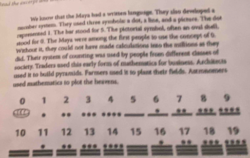 Read the excerpt and 
We know that the Maya had a written language. They also developed a 
number system. They used three symbols: a dot, a line, and a picturs. The dot 
represented 1. The bar stood for 5. The pictorial symbol, often an oval shell, 
stood for 0. The Maya were among the first people to use the concept of 0. 
Without it, they could not have made calculations into the millions as they 
did. Their system of counting was used by people from different classes of 
society. Traders used this early form of mathematics for business. Architects 
used it to build pyramids. Farmers used it to plant their fields. As rmomers 
used mathematics to plot the heavens.
0 1 2 3 4 5 ₹6 a 7 B 9
a . .. -_ _...
10 11 12 13 14 15 16 17 18 19