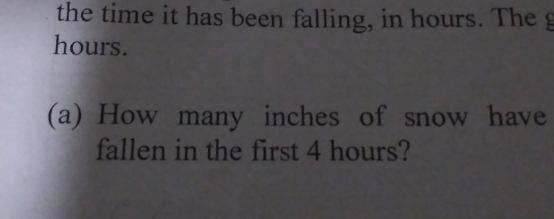 the time it has been falling, in hours. The g
hours. 
(a) How many inches of snow have 
fallen in the first 4 hours?