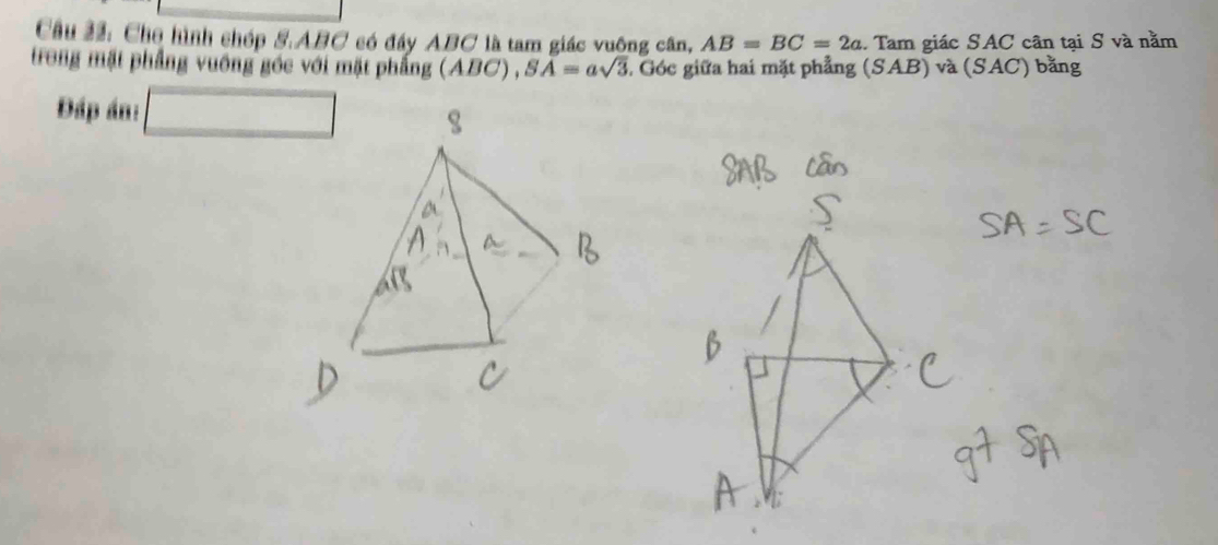 Cho hình chép S. ABC có đẩy ABC là tam giác vuông cân, AB=BC=2a. Tam giác SAC cân tại S và nằm 
trong mặt phẳng vuống góc với mặt phẳng (ABC), SA=asqrt(3) 3. Góc giữa hai mặt phẳng (SAB) và (SAC) bằng 
Đáp án: