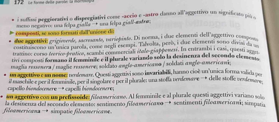 172 Le forme delle parole: la morfólogía 
i suffissi peggiorativi o dispregiativi come -accio e -astro danno all’aggettivo un significato più o 
meno negativo: una felpa gialla → una felpa giall-astra; 
composti, se sono formati dall’unione di: 
due aggettivi: grigioverde, sacrosanto, variopinto. Di norma, i due elementi dell’aggettivo composto 
costituiscono un’unica parola, come negli esempi. Talvolta, però, i due elementi sono divisi da un 
trattino: corso teórico-pratico, scambi commerciali italo-giapþonesi. In entrambi i casi, questi agget- 
tivi composti formanó il femminile e il plurale variando solo la desinenza del secondo elemento: 
maglia røssønera / maglie røssønere; soldato anglo-americano / soldati anglo-americani; 
un aggettivo e un nome: verdemare. Questi aggettivi sono invariabili, hanno cioé un’unica forma valida per 
il maschile e per il femminile, per il singolare e per il plurale: una stoffa verdemare → delle stoffe verdemare, 
capello biondocenere → capelli biondocenere; 
un aggettivo con un prefissoide: filoamericano. Al femminile e al plurale questi aggettivi variano solo 
la desinenza del secondo elemento: sentimento filoamericano → sentimenti filoamericani; simpatia 
filoamericana → simpatie filoamericane.