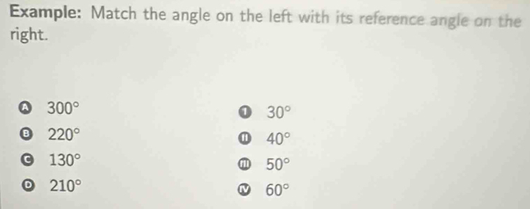 Example: Match the angle on the left with its reference angle on the
right.
A 300°
0 30°
B 220°
① 40°
C 130°
m 50°
210°
60°