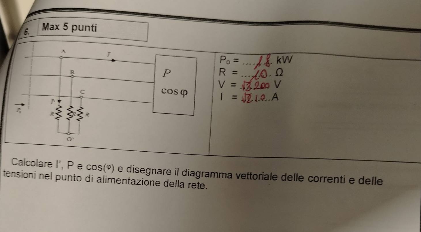 disegnare il diagramma vettoriale delle correnti e delle
tensioni nel punto di alimentazione della rete.