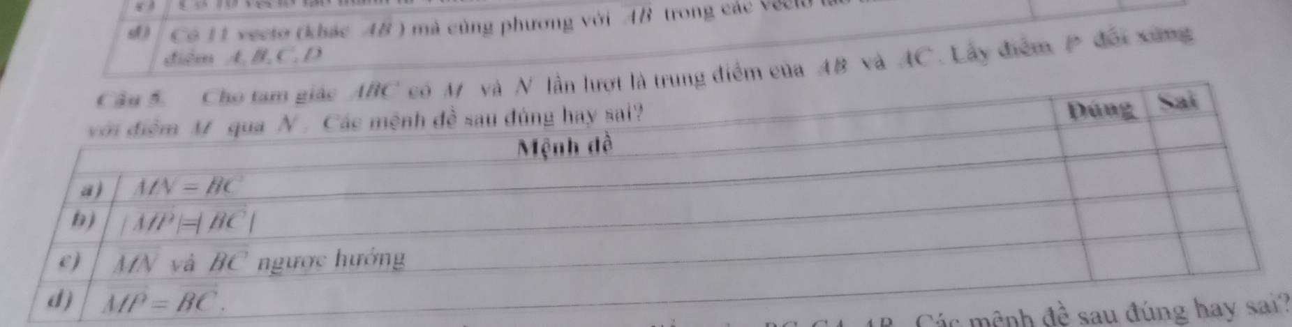 sf) Có 11 vecto (khác 4B) mà cùng phương với AB trong các veeld 
dièm A. B. C. D
ung điểm của AB và AC. Lấy điểm P đổi xứng
Các mệnh ?