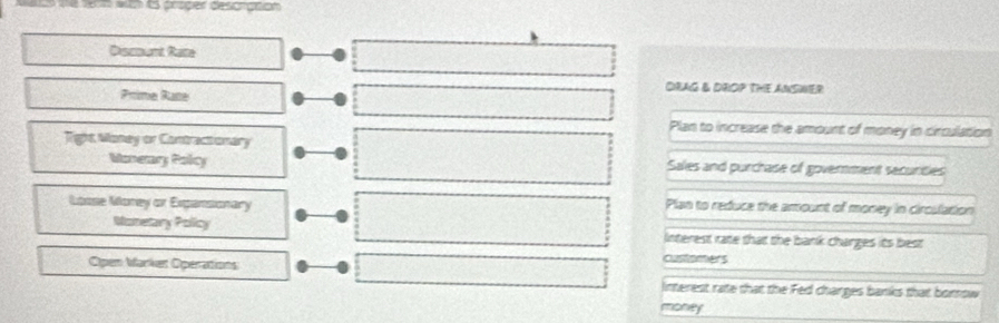 1 1919 wih ts prsper descriation 
Prime Rate 
DRAG & DROP THE ANSHER 
Plan to increase the amount of money in circulation 
7ight Maney or Contractionary 
Monetary Policy Sales and purchase of government secunties 
Losse Money or Expansonary Plan to reduce the amount of money in circulation 
Mumetary Policy Interest rate that the bank charges its best 
Open Marker Operations 
customers 
interest rate that the Fed charges banks that bornow 
money