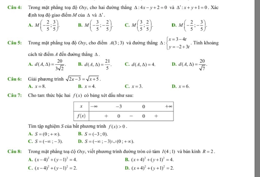 Trong mặt phẳng toạ độ Oxy, cho hai đường thắng △ :4x-y+2=0 và △ ':x+y+1=0. Xác
định toạ độ giao điểm M của △ vdot a△ '.
A. M(- 2/5 ; 3/5 ). B. M(- 3/5 ;- 2/5 ). C. M( 3/5 ; 2/5 ). D. M(- 2/5 ;- 3/5 ).
Câu 5: Trong mặt phẳng toạ độ Oxy, cho điểm A(3;3) và đường thắng Delta :beginarrayl x=3-4t y=-2+3tendarray.. Tính khoảng
cách từ điểm A đến đường thắng A .
A. d(A,△ )= 20/3sqrt(2) . B. d(A,△ )= 21/5 . C. d(A,△ )=4. D. d(A,△ )= 20/sqrt(7) .
Câu 6: Giải phương trình sqrt(2x-3)=sqrt(x+5).
A. x=8. B. x=4. C. x=3. D. x=6.
Câu 7: Cho tam thức bậc hai f(x) có bảng xét dấu như sau:
Tìm tập nghiệm S của bất phương trình f(x)>0.
A. S=(0;+∈fty ). B. S=(-3;0).
C. S=(-∈fty ;-3). D. S=(-∈fty ;-3)∪ (0;+∈fty ).
Câu 8: Trong mặt phẳng toạ độ Oxy, viết phương trình đường tròn có tâm I(4;1) và bán kính R=2.
A. (x-4)^2+(y-1)^2=4. B. (x+4)^2+(y+1)^2=4.
C. (x-4)^2+(y-1)^2=2. D. (x+4)^2+(y+1)^2=2.