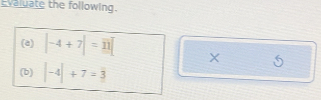 Evaluate the following. 
(a) |-4+7|=11
X
(b) |-4|+7=3