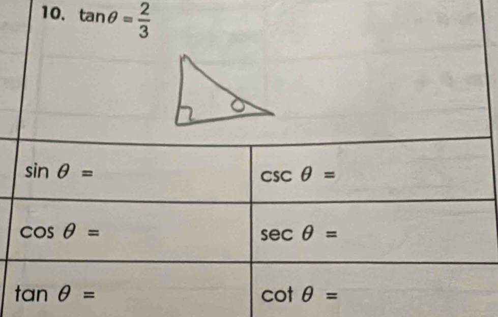 tan θ = 2/3 
sin θ =
csc θ =
cos θ =
sec θ =
tan θ =
cot θ =