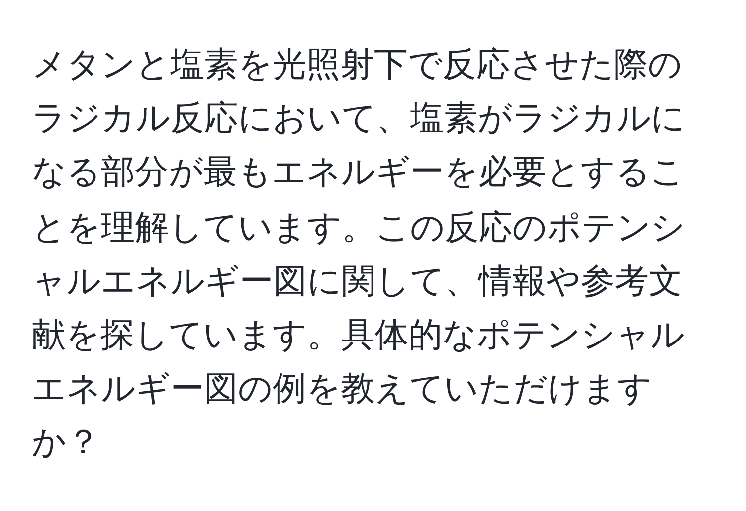 メタンと塩素を光照射下で反応させた際のラジカル反応において、塩素がラジカルになる部分が最もエネルギーを必要とすることを理解しています。この反応のポテンシャルエネルギー図に関して、情報や参考文献を探しています。具体的なポテンシャルエネルギー図の例を教えていただけますか？