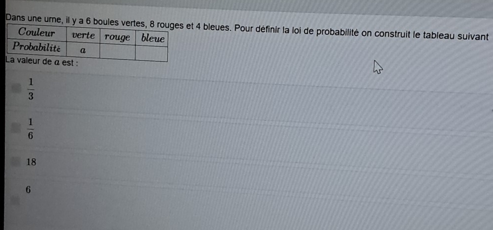 Dans une urne, il t 4 bleues. Pour définir la loi de probabilité on construit le tableau suivant
 1/3 
 1/6 
18
6