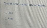 Cardiff is the capital city of Wales.
True
False