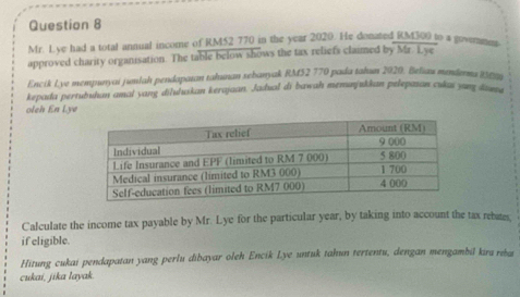 Mr. Lye had a total annual income of RM52 770 in the year 2020. He donated RM300 to a govemmes 
approved charity organisation. The table below shows the tax reliefs claimed by Mr. Lye 
Encik Lye mempunyai jinlah pendapatan tahunan sebanyak RM52 770 pada tahun 2020. Beliau menderm Ws 
kepada pertubuhan amal yang diluluskan kerajaan. Jadual di bawah memunjulkan pelepasan cukas yang duns 
oleh En Lye 
Calculate the income tax payable by Mr. Lye for the particular year, by taking into account the tax rebates: 
if eligible. 
Hitung cukai pendapatan yang perlu dibayar oleh Encik Lye untuk tahun tertentu, dengan mengambil kiru reba 
cukai, jika layak.