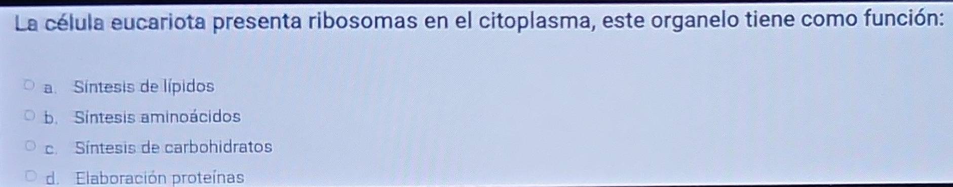 La célula eucariota presenta ribosomas en el citoplasma, este organelo tiene como función:
a. Síntesis de lípidos
b. Síntesis aminoácidos
c. Síntesis de carbohidratos
d. Elaboración proteínas