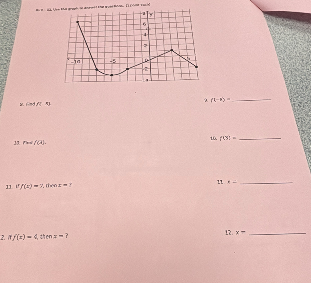 #s 9 - 12, Use this graph to answer the questions. (1 point each) 
9. f(-5)= _ 
9. Find f(-5). 
10. f(3)= _ 
10. Find f(3). 
11. 
11. If f(x)=7 , then x= ? x= _ 
2. If f(x)=4 , then x= ? 
12. x= _