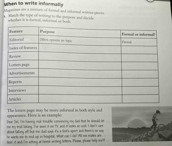 When to write informally 
Magazines are a mixture of formal and informal written pieces 
. Match the type of writing to the purpose and decide 
whether it is formal, informal or both. 
The letters page may be more informal in both style and 
appearance. Here is an example: 
Dear Sel, I'm having real trouble convincing my dad that he should let 
me try trial biking. I've seen it on TV and it looks so cool. I don't care 
about falling off but me dad says it's a fool's sport and there's no way 
he wants me to end up in hospital. What can I do? All me mates are 
doin' it and I'm sitting at home writing letters. Please, please help me!!!