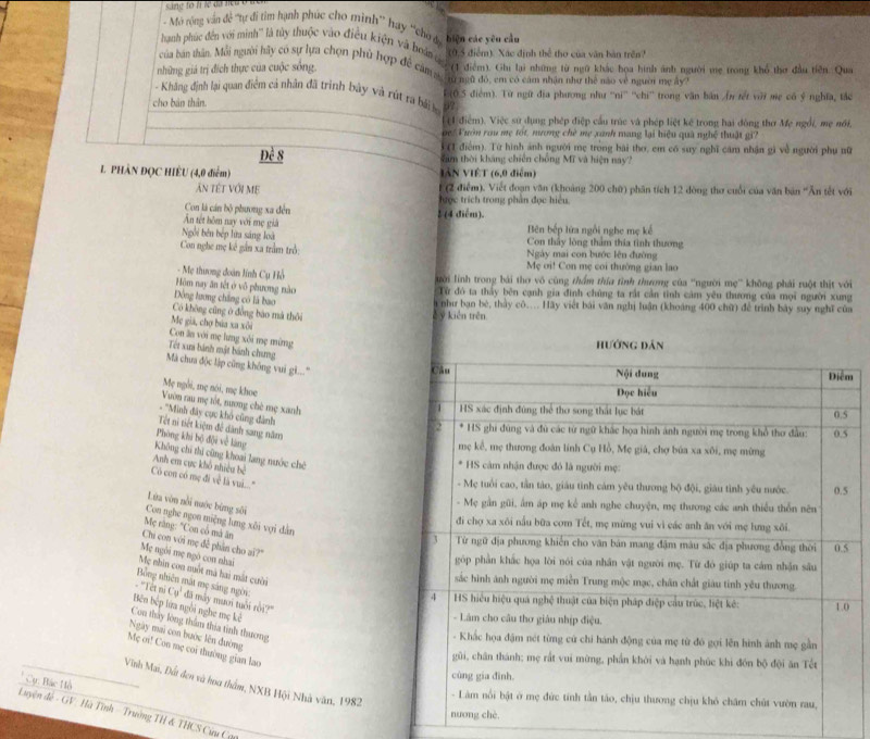 sáng to lì lệ đi
- Mô rộng vận đề 'tự đi tim hạnh phúc cho mình” hay 'cho a
hạnh phúc đến với minh'' là tủy thuộc vào điều kiện và hoà đ biện các yêu cầu
(0,5 điểm). Xác định thể thơ của văn bàn trên?
của ban thân. Mỗi người hãy có sự lựa chọn phủ hợp đề cảm sự à ngũ đó, em có cảm nhận như thể nào về ngườn mẹ ày
những giá trị đích thực của cuộc sống.  (1  điểm). Ghi lại những từ ngữ khác họa hình ảnh người mẹ trong khổ thơ đầu tiền. Qua
- Khăng định lại quan điểm cả nhân đã trình bảy và rút ra bải lạ F(0.5 điểm). Từ ngữ địa phương như ''ni'' ''chi'' trong văn bán (n tết với mẹ có ý nghĩa, tắc
cho bàn thân.
9?
(4 điểm). Việc sử dụng phép điệp cầu trúc và phép liệt kê trong hai đòng thơ Mẹ ngổi, mẹ nổi,
Tuớn rou mẹ tốt, nương chè mẹ xanh mang lại hiệu quà nghệ thuật gi?
i (1 điểm). Từ hình ảnh người mẹ trong bài thơ, em có suy nghĩ cám nhận gì về người phụ nữ
Để 8 tam thời kháng chiến chồng Mĩ và hiện nay?
L PHÀN ĐQC HIÊU (4,0 điểm) VầN VIÊT (6,0 điểm)
Ấn téT VớI ME (2 điểm). Viết đoạn văn (khoảng 200 chữ) phân tích 12 dòng thơ cuối của văn bản 'Ăn tết với
Con là cán bộ phương xa đền được trích trong phần đọc hiệu
n tết hồm nay với mẹ giả 2 (4 diễm). Bên bếp lửa ngôi nghe mẹ kế
Ngôi bên bếp lữa sáng loà Con thầy lòng thẩm thía tình thương
Con nghe mẹ kê gần xa trầm trở:  Ngày mai con bước lên đường
Mẹ oi! Con mẹ coi thường gian lao
- Mẹ thương đoàn lính Cụ Hồ lười lính trong bái thơ vô cũng thẩm thứa tình thương của ''người mẹ'' không phải ruột thịt với
Hôm nay ăn tết ở vô phương nào
Từ đó ta thấy bên cạnh gia đình chúng ta rất cản tỉnh cảm yêu thương của mọi người xung
Đồng lương chẳng có là bao
a như bạn bè, thảy cô... Hãy việt bái văn nghị luận (khoáng 400 chữ) để trình bày suy nghĩ của
Có không cũng ở đồng báo má thỏi ě ý kiên trên
Mẹ giá, chợ bủa xa xôi
Con ăn với mẹ lưng xôi mẹ mừng
Têt xưa hành mật bánh chưng
Mà chưa độc lập cũng không vui gi...''
m
Mẹ ngôi, mẹ nói, mẹ khoe
- ''Minh đây cực khổ cũng đành
Vườn rau mẹ tốt, nương chè mẹ xanh 
Tết ni tiết kiệm đề dành sang năm
Phòng khi bō đội về làng
Không chỉ thi cũng khoại lang nước chế
Anh em cực khô nhiều bở
Cò con có mẹ đi về là vui..."
Lúa vòn nổi nuớc bùng sôi
Con nghe ngon miệng lưng xôi vợi dân
Mẹ ràng: "Con cô mà ăn
Chi con với mẹ đễ phần cho ai?"
Mẹ nhìn con nốt mà hai mắt cười
Mẹ ngôi mẹ ngô con nhai 
Bồng nhiên mắt mẹ sáng ngời:
- 'Tết ni C_y đã máy mươi tuổi rồi?"
0
Bên bệp lửa ngôi nghe mẹ kê
Con thảy lòng thầm thía tinh thương
Ngày mai con bước lên đường
Mẹ ơi! Con mẹ coi thường gian lao
Cụ Bác Hồ
Vĩnh Mai, Đất đẹn và hoa thẩm, NXB Hội Nhà văn, 1982
Luyện đế - GV: Hà Tỉnh - Trường TH & THCS Cứu Cơu