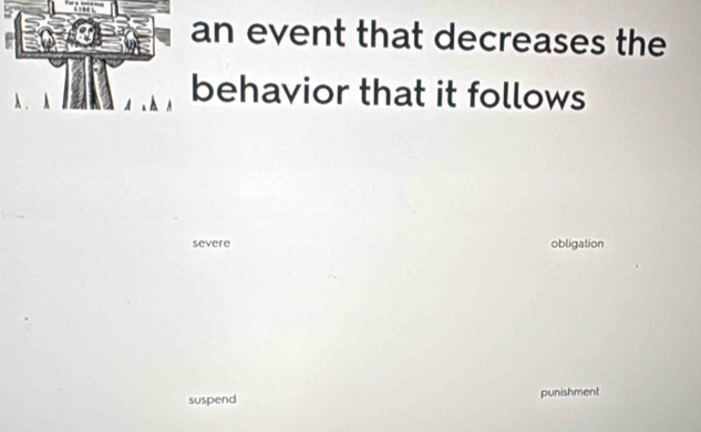 an event that decreases the
behavior that it follows
severe obligation
suspend punishment