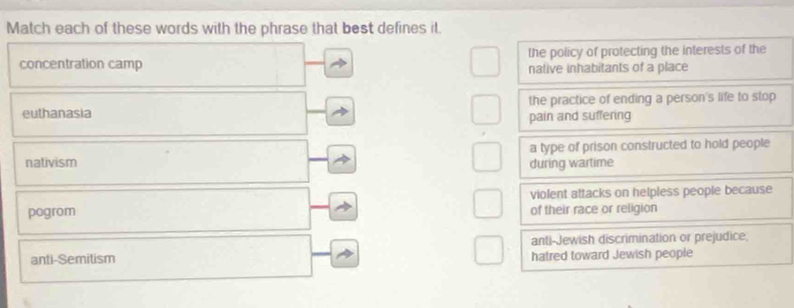 Match each of these words with the phrase that best defines it.
concentration camp the policy of protecting the interests of the
native inhabitants of a place
euthanasia the practice of ending a person's life to stop
pain and suffering
a type of prison constructed to hold people
nativism during wartime
violent attacks on helpless people because
pogrom of their race or religion
anti-Jewish discrimination or prejudice;
anti-Semitism hatred toward Jewish people