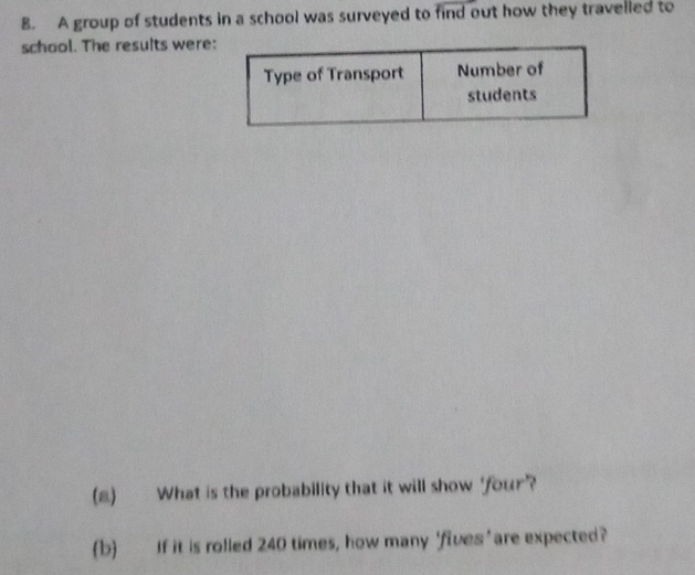 A group of students in a school was surveyed to find out how they travelled to 
school. The results were 
(a) What is the probability that it will show 'four? 
b If it is rolled 240 times, how many 'fives ' are expected?