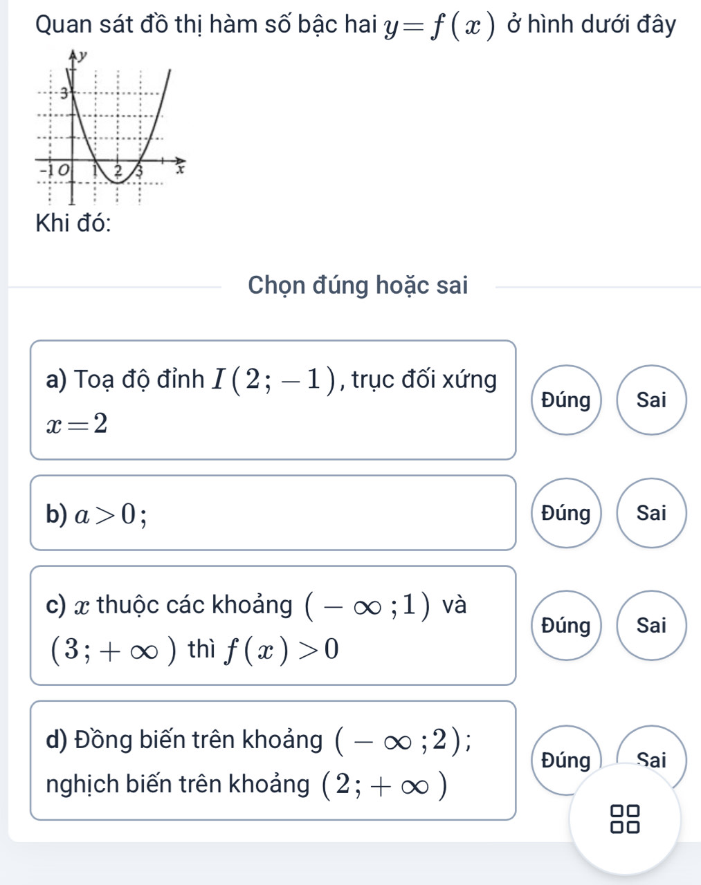 Quan sát đồ thị hàm số bậc hai y=f(x) ở hình dưới đây
Khi đó:
Chọn đúng hoặc sai
a) Toạ độ đỉnh I(2;-1) , trục đối xứng
Đúng Sai
x=2
b) a>0 : Đúng Sai
c) x thuộc các khoảng (-∈fty ;1) và
Đúng Sai
(3;+∈fty ) thì f(x)>0
d) Đồng biến trên khoảng (-∈fty ;2)
Đúng Sai
nghịch biến trên khoảng (2;+∈fty )