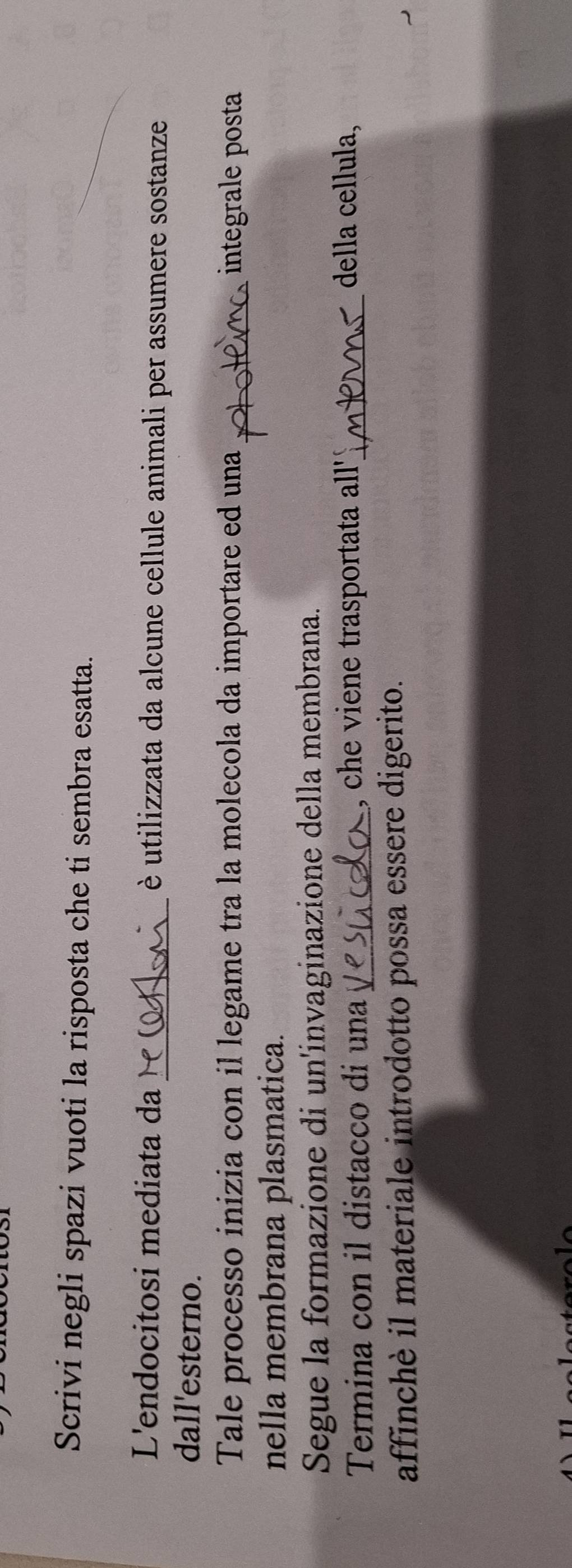 Scrivi negli spazi vuoti la risposta che ti sembra esatta. 
L'endocitosi mediata da _ è utilizzata da alcune cellule animali per assumere sostanze 
dall'esterno. 
Tale processo inizia con il legame tra la molecola da importare ed una _integrale posta 
nella membrana plasmatica. 
Segue la formazione di un'invaginazione della membrana. 
Termina con il distacco di una _, che viene trasportata all'_ 
della cellula, 
affinchè il materiale introdotto possa essere digerito.