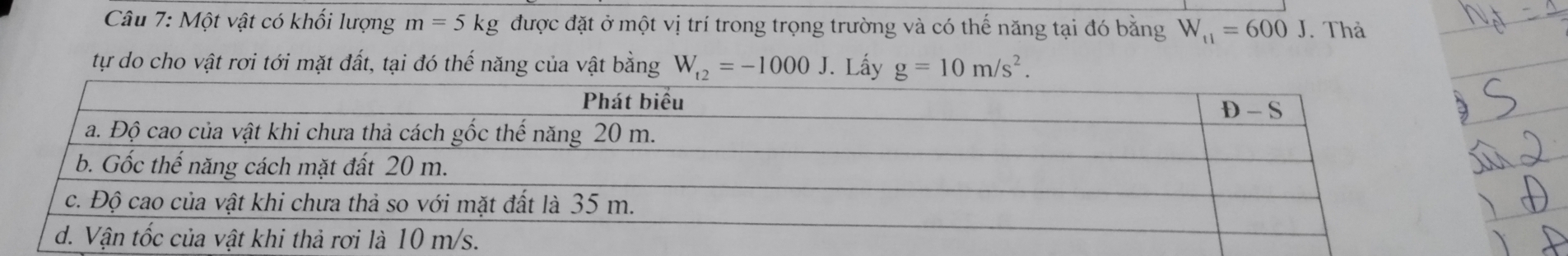 Một vật có khối lượng m=5kg được đặt ở một vị trí trong trọng trường và có thế năng tại đó bằng W_t1=600J. Thả 
tự do cho vật rơi tới mặt đất, tại đó thế năng của vật bằng W_t2=-1000J. Lấy g=10m/s^2.