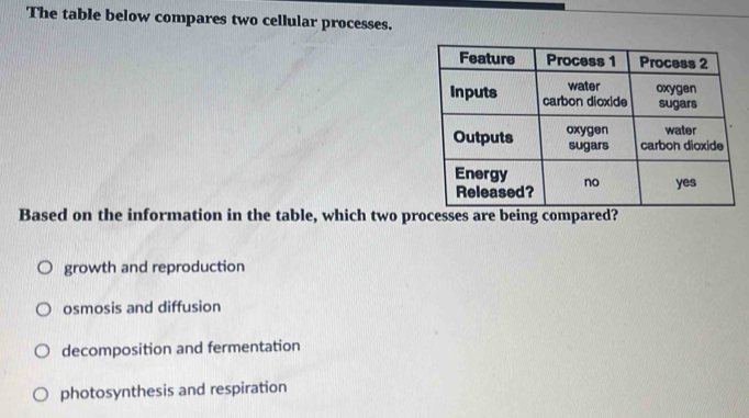 The table below compares two cellular processes.
Based on the information in the table, which two p
growth and reproduction
osmosis and diffusion
decomposition and fermentation
photosynthesis and respiration