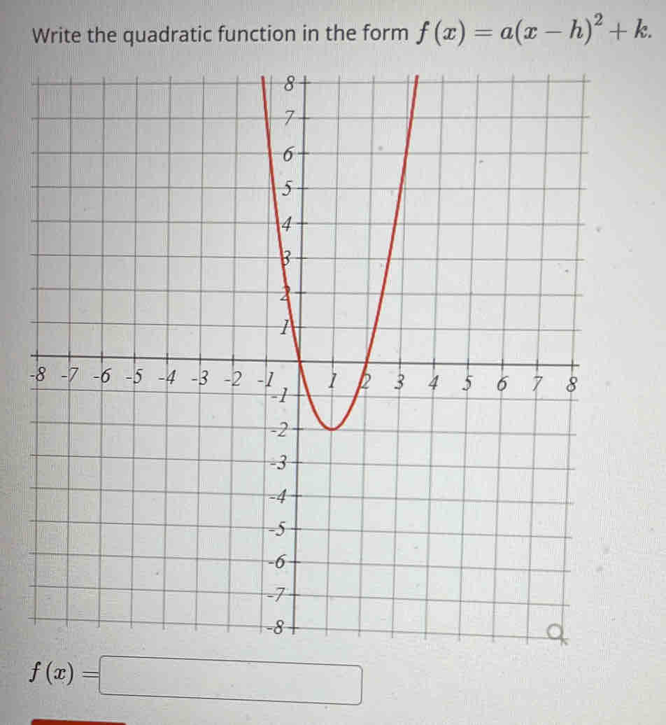 Write the quadratic function in the form f(x)=a(x-h)^2+k. 
-
f(x)=□