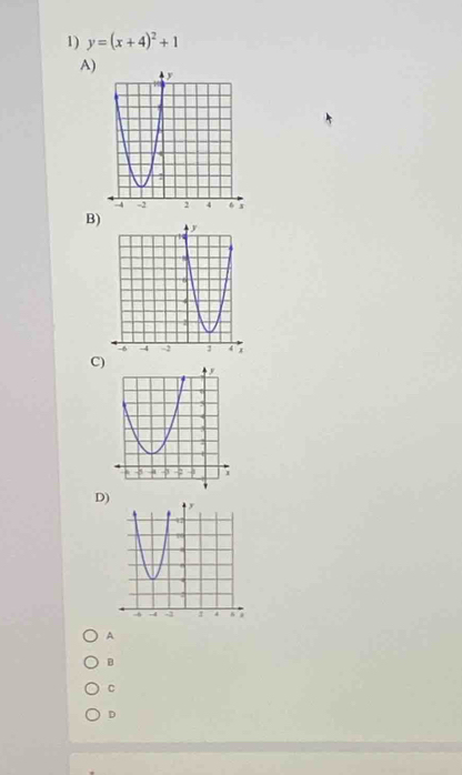 y=(x+4)^2+1
A)
B)
C)
D)
A
B
C
D