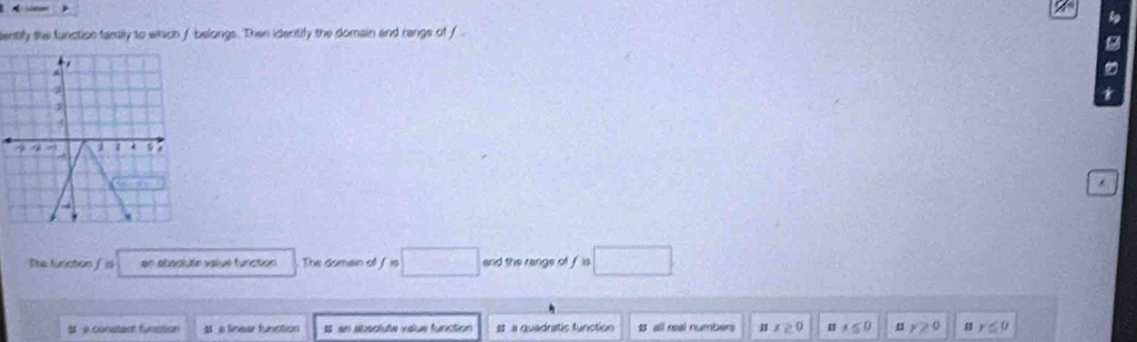 
lentify the function famally to which f belongs. Then identify the domain and range of f
The tunction f il en absalute valué function The domain of f is □ and the range of f is □
# constant funstion a linear function # sn absolute valus funçtion # a quadratic function B all real numbers x≥ 0 n!= ≤ 0 y≥slant 0 y≤ 0