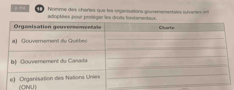 114 8 Nomme des chartes que les organisations gouvernementales suivantes ont 
adoptées pour protéger les droits fondamentaux. 
(ONU)