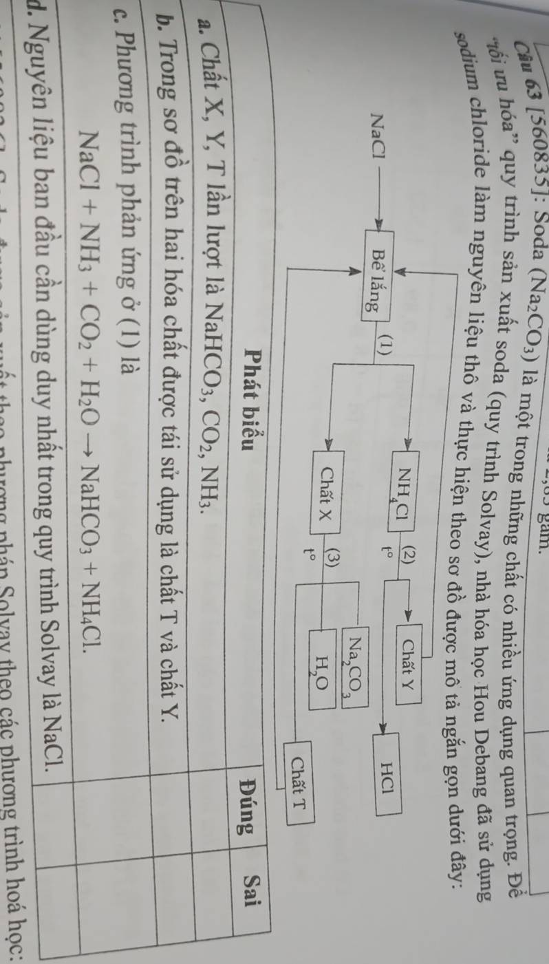 gam.
Câu 63 [560835]: Soda (Na_2CO_3) là một trong những chất có nhiều ứng dụng quan trọng. Để
ố ưu hóa” quy trình sản xuất soda (quy trình Solvay), nhà hóa học Hou Debang đã sử dụng
sodium chloride làm nguyên liệu thô và th
c
d
ơng phán Solvay theo các phương trình hoc: