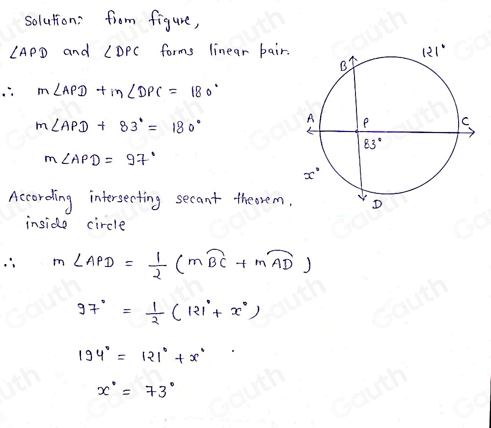 solution: from figure,
∠ APD and ∠ DPC forms linear bair.
m∠ APD+m∠ DPC=180°
m∠ APD+83°=180°
m∠ APD=97°
According intersecting secant theorem. 
inside circle
m∠ APD= 1/2 (mwidehat BC+mwidehat AD)
97°= 1/2 (121°+x°)
194°=121°+x°
x°=73°