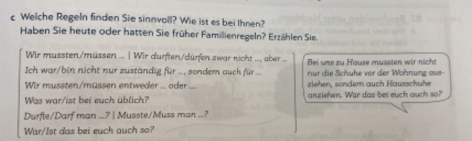 Welche Regeln finden Sie sinnvoll? Wie ist as bei Ihnen? 
Haben Sie heute oder hatten Sie früher Familienregeln? Erzählen Sie. 
Wir mussten/müssen ... | Wir durften/dürfen zwar nicht .., aber . Bei uns zu Hause mussten wir nicht 
Ich war/bin nicht nur zuständig für .., sondem auch für ... nur die Schuhe vor der Wohnung aus- 
Wir mussten/müssen entweder .. oder ... ziehen, sondem auch Hausschuhe 
Was war/ist bei euch üblich? anziehen. War das bel euch auch so? 
Durfte/Darf man ...? | Musste/Muss man ...? 
War/Ist das bei euch auch so?