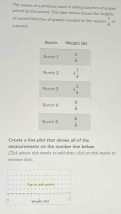 The owner of a produce stand is selling bunches of grapes.
priced by the pound. The table below shows the weights
of several bunches of grapes rounced to the nearest  3/8 
a pound. ci!
Create a line plot that shows all of the
measurements on the number line below.
Click above tick marks to add dots; click on tick marks to
remove dots.
Tap to add points
0 Weight (Ib) 2