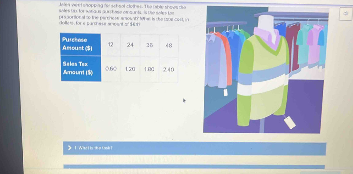 Jalen went shopping for school clothes. The table shows the 
sales tax for various purchase amounts. Is the sales tax 
proportional to the purchase amount? What is the total cost, in 
dollars, for a purchase amount of $84? 
1 What is the task?