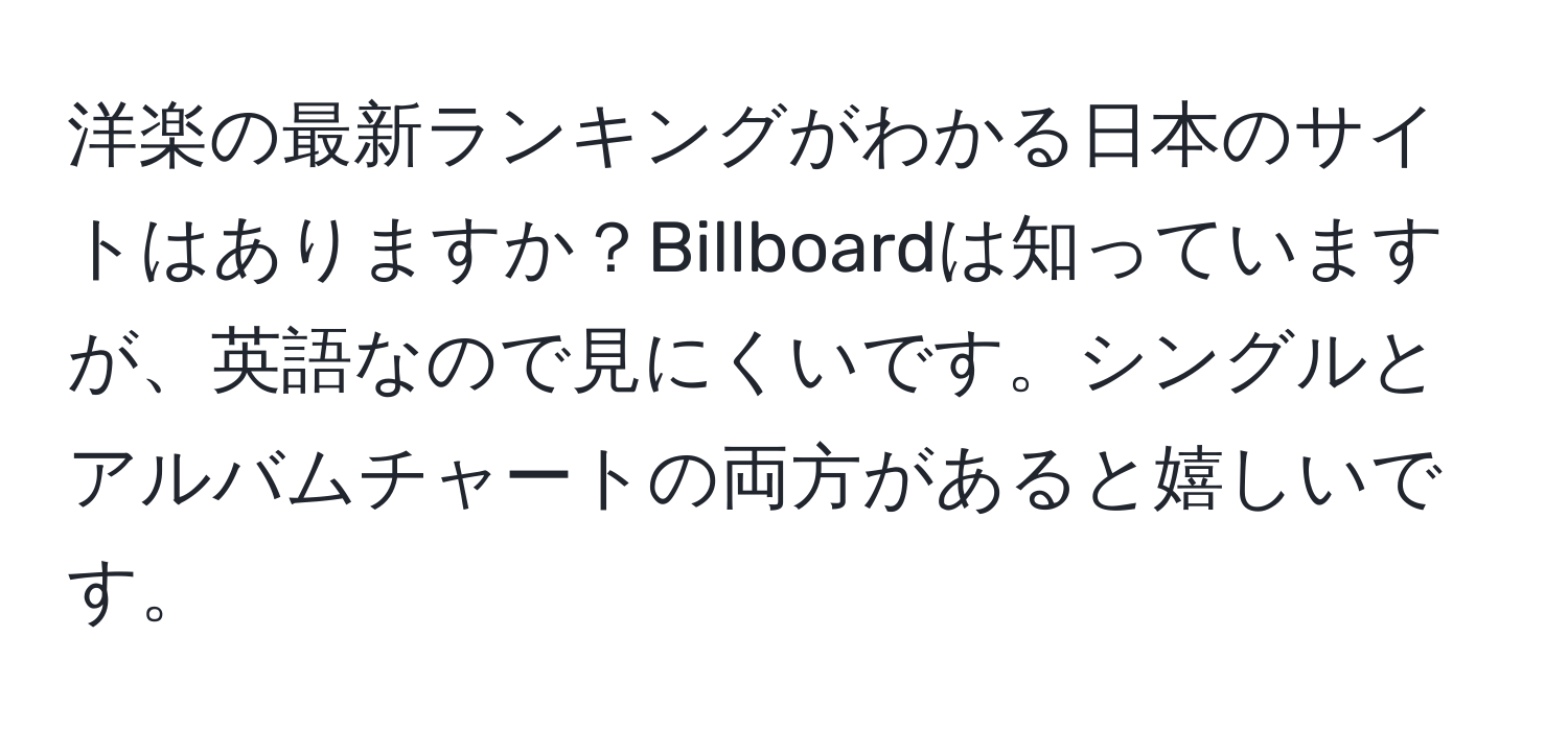 洋楽の最新ランキングがわかる日本のサイトはありますか？Billboardは知っていますが、英語なので見にくいです。シングルとアルバムチャートの両方があると嬉しいです。