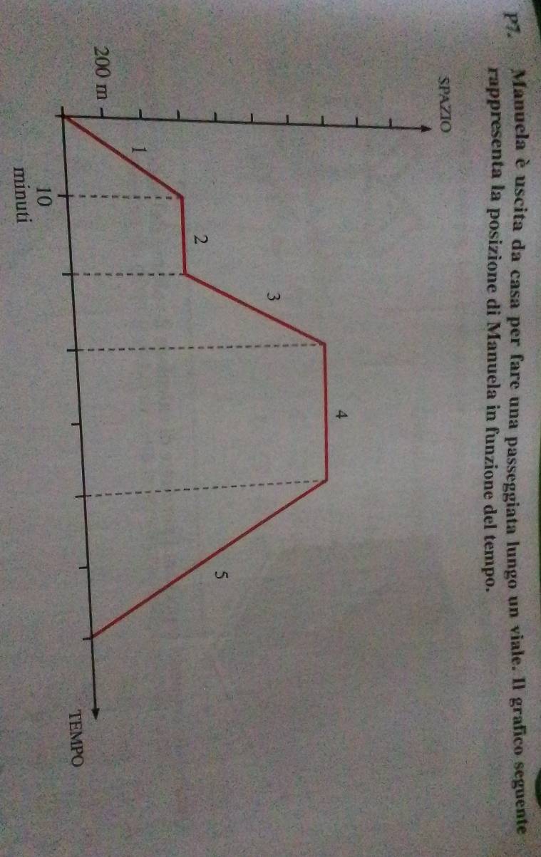 P7. Manuela è uscita da casa per fare una passeggiata lungo un viale. Il grafico seguente 
rappresenta la posizione di Manuela in funzione del tempo. 
minuti