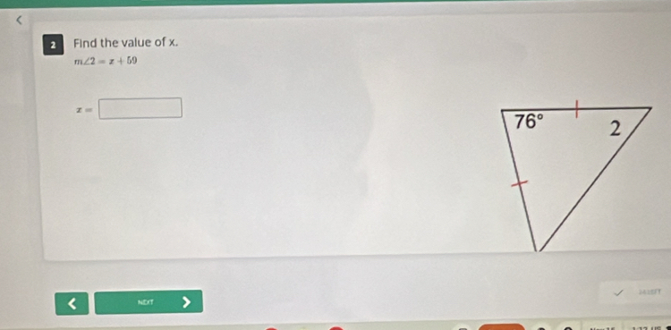 Find the value of x.
m∠ 2=x+59
x=□
NDT